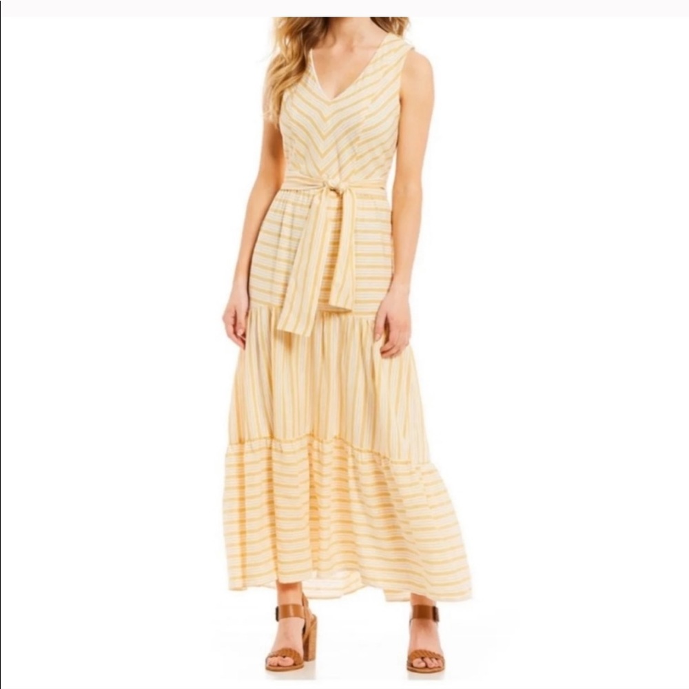 Cremieux strapless yellow striped maxi tier dress